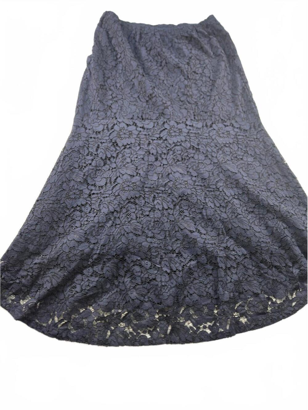Navy Blue Fit Flare Lace Overlay Midi Skirt Lined S Feminine Retro Dark Academia